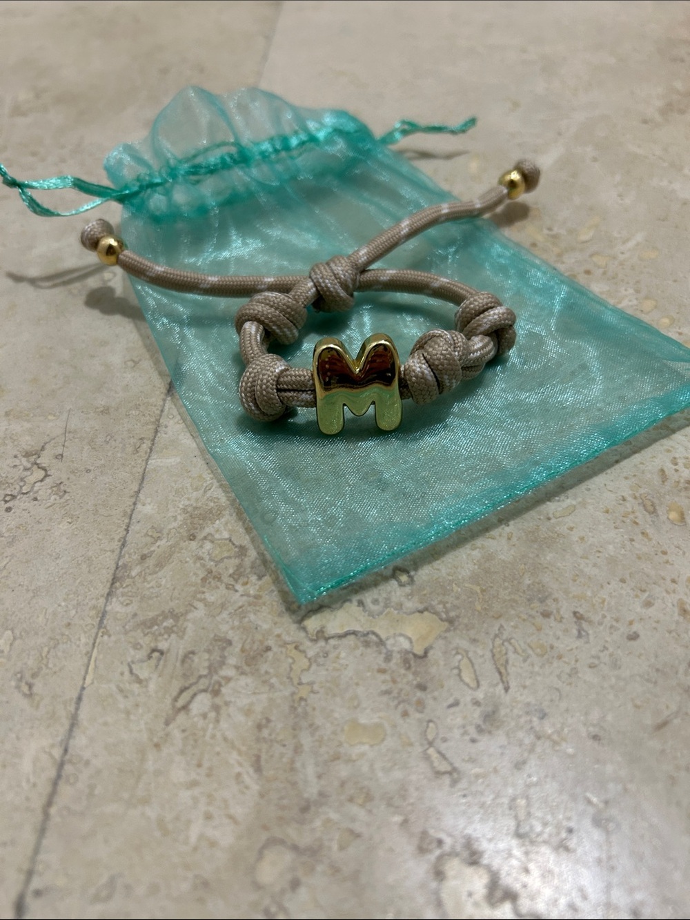 Adjustable Kids Bracelet with Gold 'M' Charm - Taupe